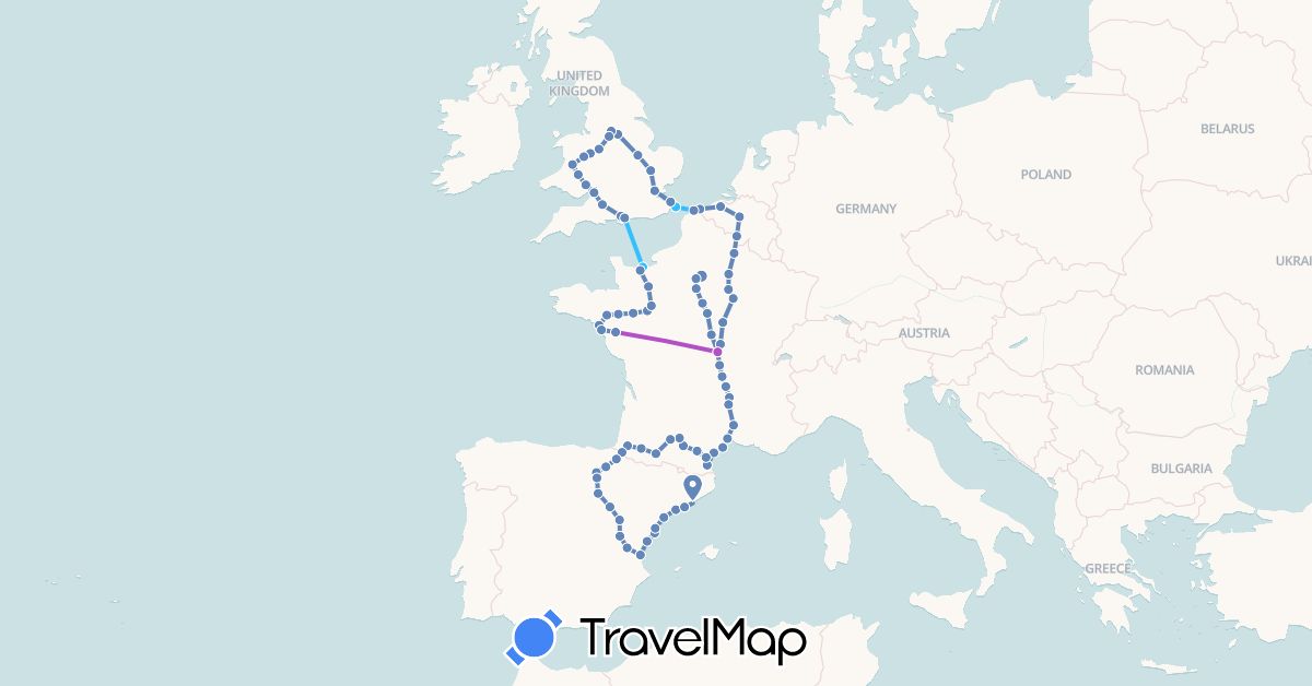 TravelMap itinerary: driving, cycling, train, boat in Belgium, Spain, France, United Kingdom (Europe)
